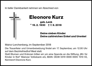 Traueranzeige von Eleonore Kurz von vrm-trauer