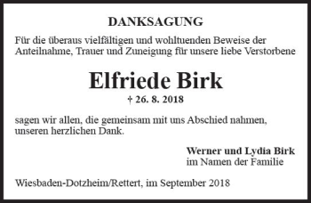 Traueranzeige von Elfriede Birk von vrm-trauer