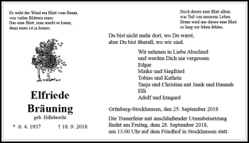 Traueranzeige von Elfriede Bräuning von  Gießener Anzeiger