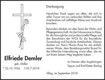 Traueranzeige von Elfriede Demler von vrm-trauer