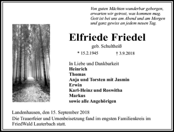 Traueranzeige von Elfriede Friedel von VRM Trauer