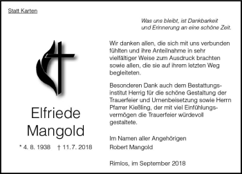 Traueranzeige von Elfriede Mangold von VRM Trauer