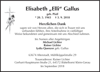 Traueranzeige von Elisabeth Gallus von  Kreisanzeiger