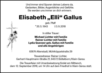Traueranzeige von Elisabeth Gallus von vrm-trauer