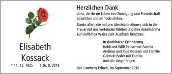 Traueranzeige von Elisabeth Kossack von  Camberger Anzeiger