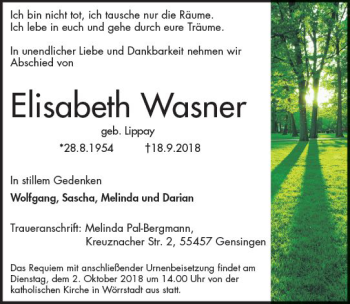 Traueranzeige von Elisabeth Wasner von vrm-trauer