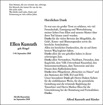 Traueranzeige von Ellen Kunrath von vrm-trauer
