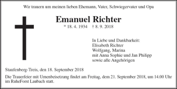 Traueranzeige von Emanuel Richter von  Gießener Anzeiger