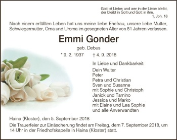 Traueranzeige von Emmi Gonder von VRM Trauer