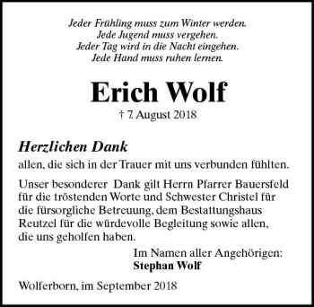 Traueranzeige von Erich Wolf von  Kreisanzeiger