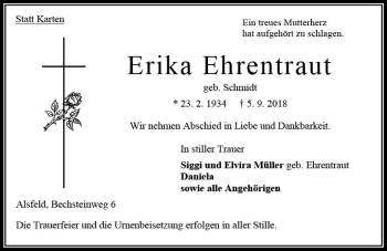 Traueranzeige von Erika Ehrentraut von VRM Trauer