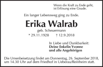 Traueranzeige von Erika Walrab von vrm-trauer