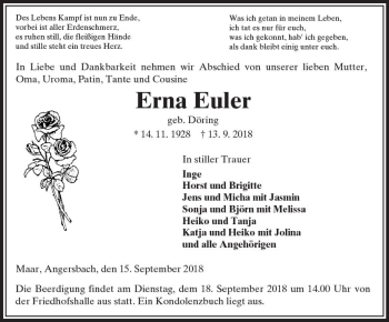 Traueranzeige von Erna Euler von VRM Trauer