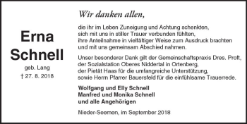 Traueranzeige von Erna Schnell von  Kreisanzeiger