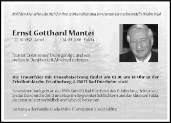 Traueranzeige von Ernst Gotthard Mantei von VRM Trauer