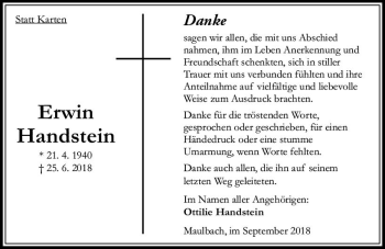Traueranzeige von Erwin Handstein von VRM Trauer