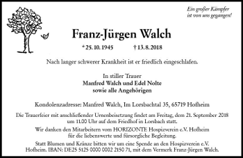 Traueranzeige von Franz-Jürgen Walch von vrm-trauer