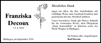 Traueranzeige von Franziska Decoux von  Kreisanzeiger