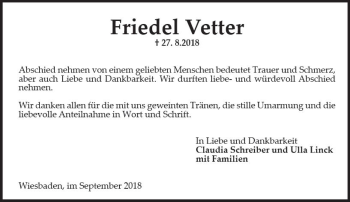 Traueranzeige von Friedel Vetter von vrm-trauer