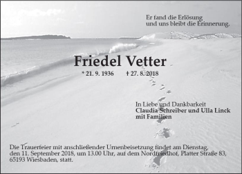 Traueranzeige von Friedel Vetter von vrm-trauer