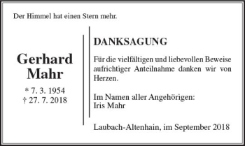 Traueranzeige von Gerhard Mahr von  Gießener Anzeiger