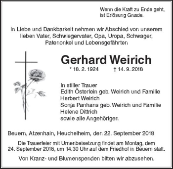 Traueranzeige von Gerhard Weirich von  Gießener Anzeiger