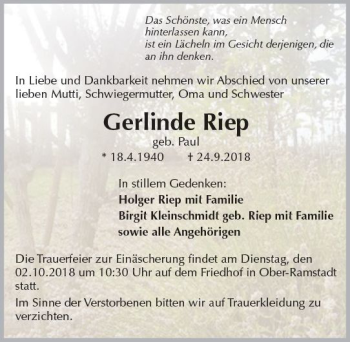 Traueranzeige von Gerlinde Riep von vrm-trauer