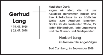 Traueranzeige von Gertrud Lang von  Camberger Anzeiger