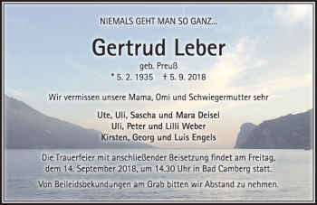 Traueranzeige von Gertrud Leber von  Camberger Anzeiger