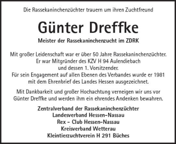 Traueranzeige von Günter Dreffke von  Kreisanzeiger
