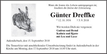 Traueranzeige von Günter Dreffke von  Kreisanzeiger