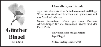 Traueranzeige von Günther Bingel von  Kreisanzeiger