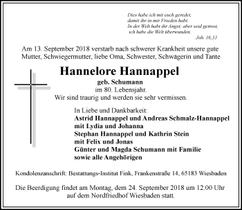 Traueranzeige von Hannelore Hannappel von vrm-trauer