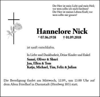 Traueranzeige von Hannelore Nick von vrm-trauer