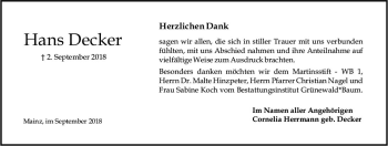 Traueranzeige von Hans Decker von vrm-trauer