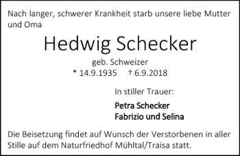 Traueranzeige von Hedwig Schecker von vrm-trauer