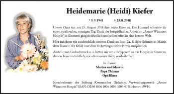 Traueranzeige von Heidemarie  Kiefer von vrm-trauer