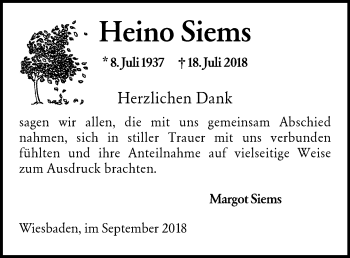 Traueranzeige von Heino Siems von vrm-trauer