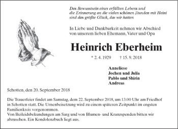 Traueranzeige von Heinrich Eberheim von  Kreisanzeiger