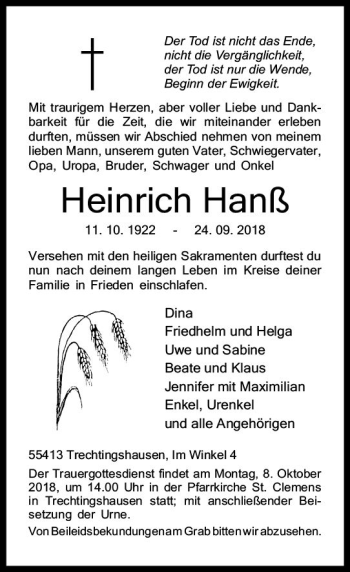 Traueranzeige von Heinrich Hanß von vrm-trauer