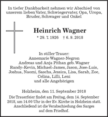 Traueranzeige von Heinrich Wagner von  Gießener Anzeiger