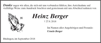 Traueranzeige von Heinz Berger von  Kreisanzeiger
