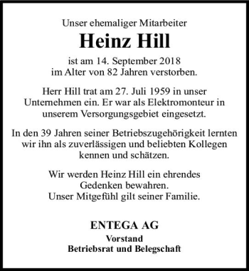 Traueranzeige von Heinz Hill von vrm-trauer