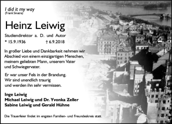 Traueranzeige von Heinz Leiwig von vrm-trauer