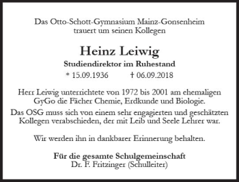 Traueranzeige von Heinz Leiwig von vrm-trauer