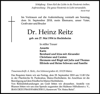 Traueranzeige von Heinz Reitz von vrm-trauer