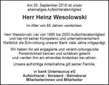 Traueranzeige von Heinz Wesolowski von vrm-trauer