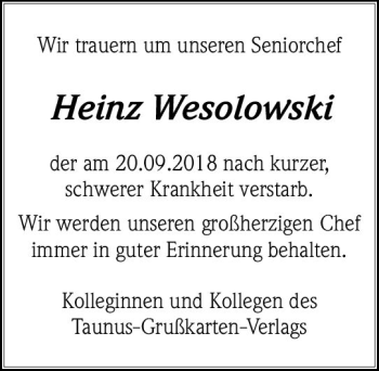 Traueranzeige von Heinz Wesolowski von vrm-trauer