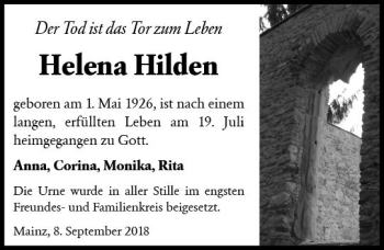 Traueranzeige von Helena Hilden von vrm-trauer
