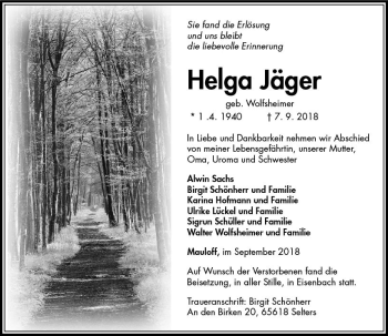 Traueranzeige von Helga Jäger von  Camberger Anzeiger